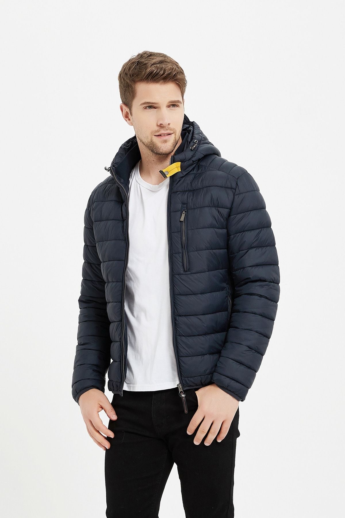 Heren Pufferjas met Capuchon en Gespsluiting donkerblauw