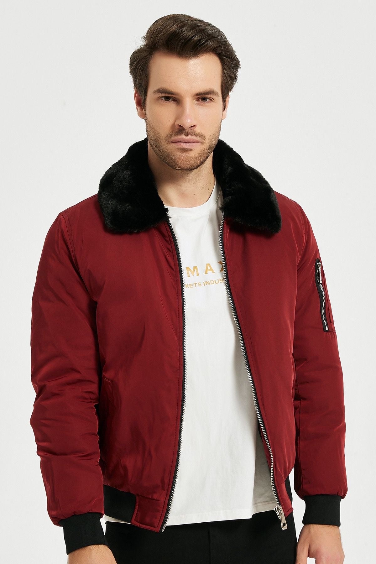 Heren Bomberjack met Faux Fur Kraag vuurrood