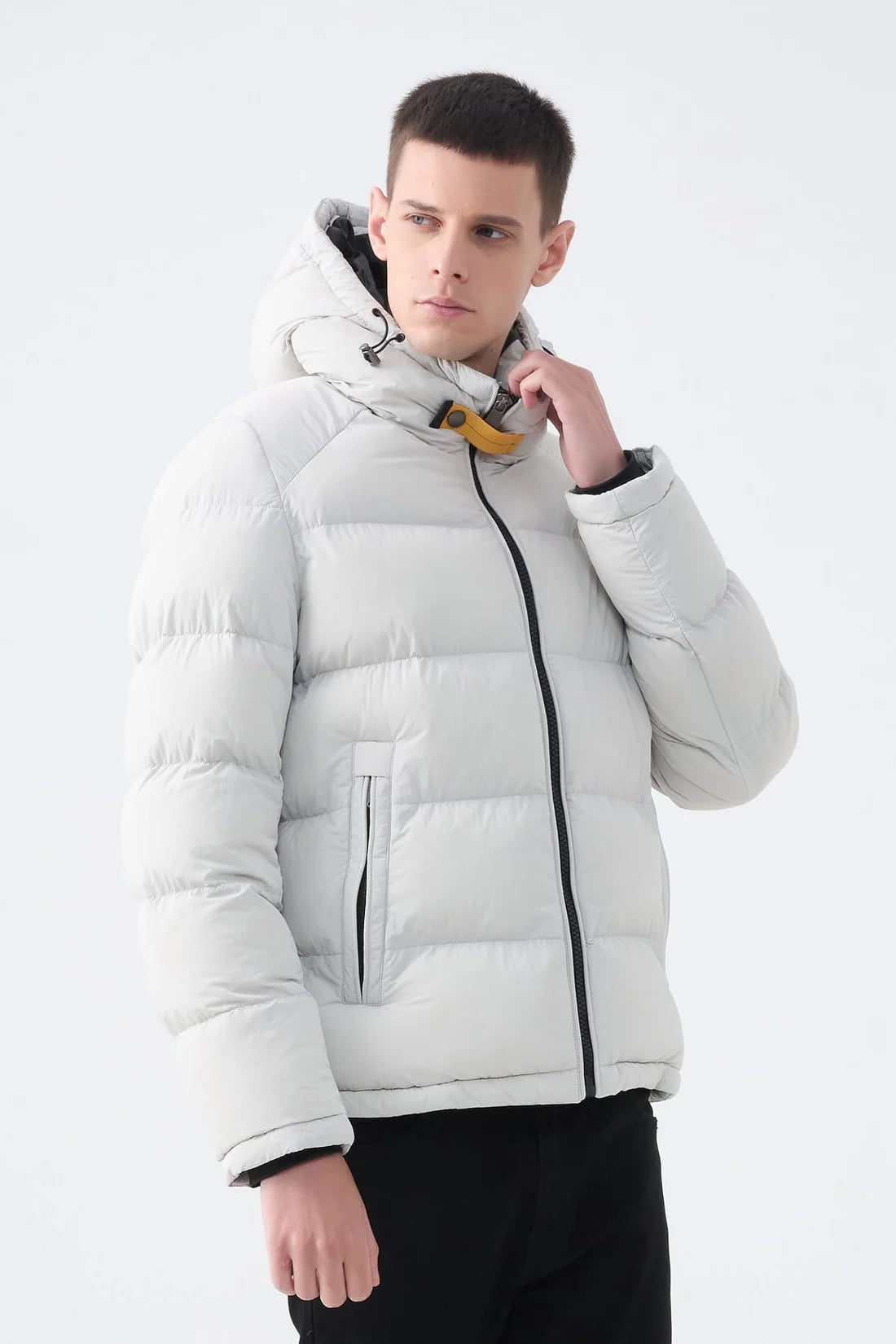 Heren Pufferjas met Hoge Kraag en Capuchon wit