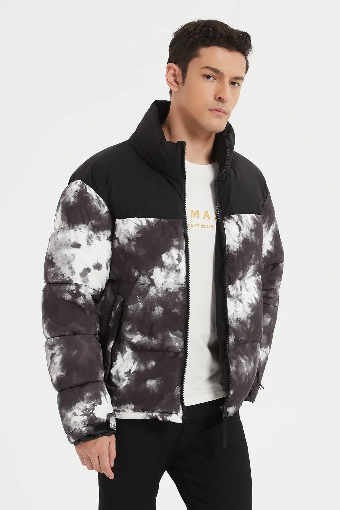 Heren Pufferjas met Print zwart/wit