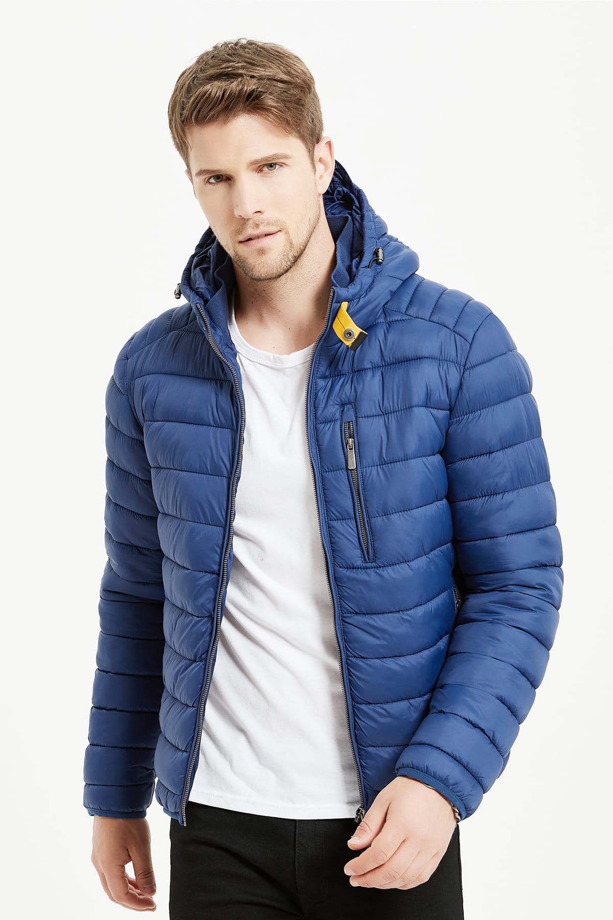 Heren Pufferjas met Capuchon en Gespsluiting blauw