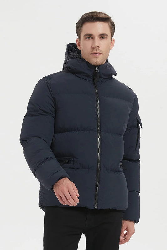 Heren Pufferjas met Capuchon en Arm Patch donkerblauw