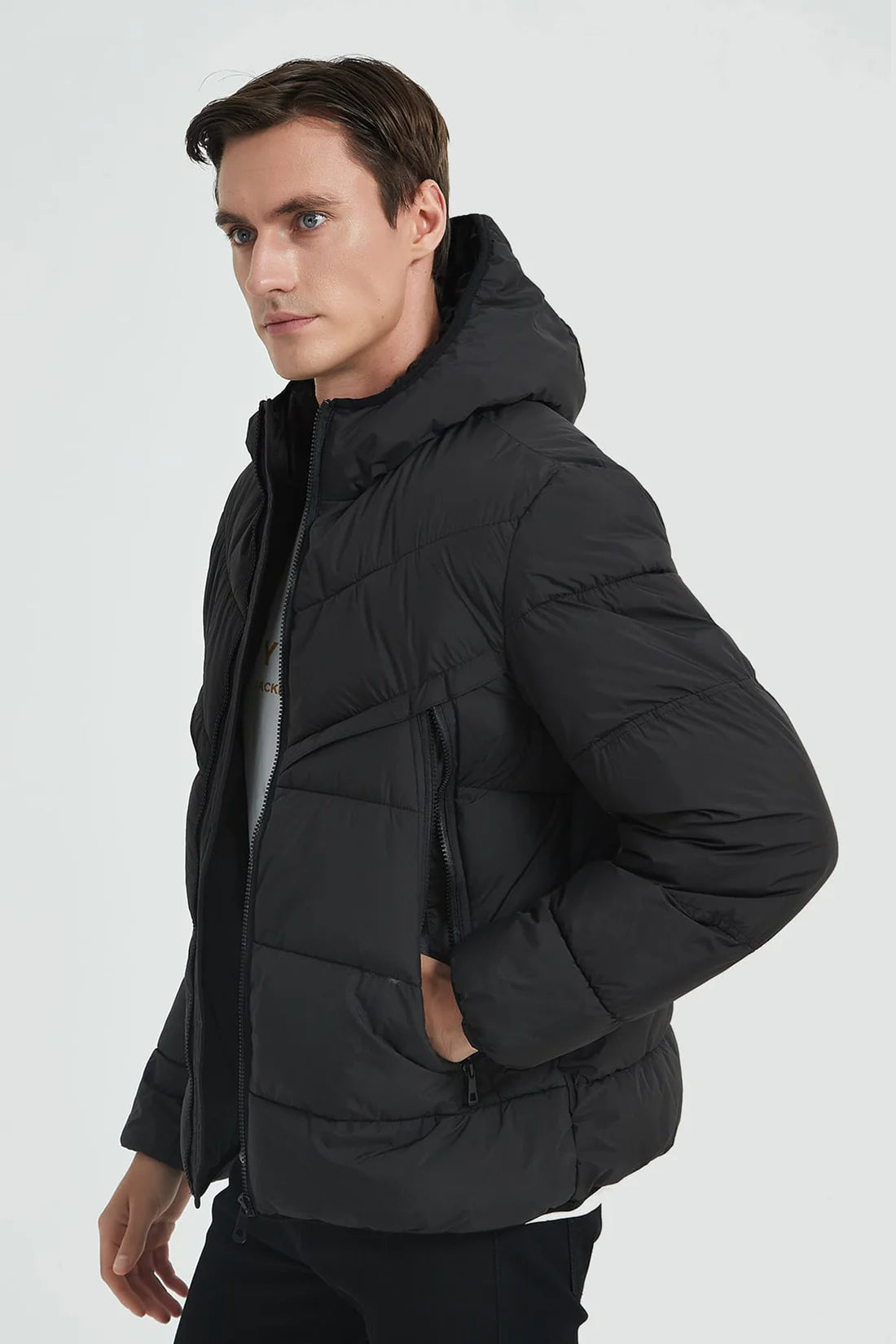 Heren Gewatteerde Pufferjas met Capuchon zwart