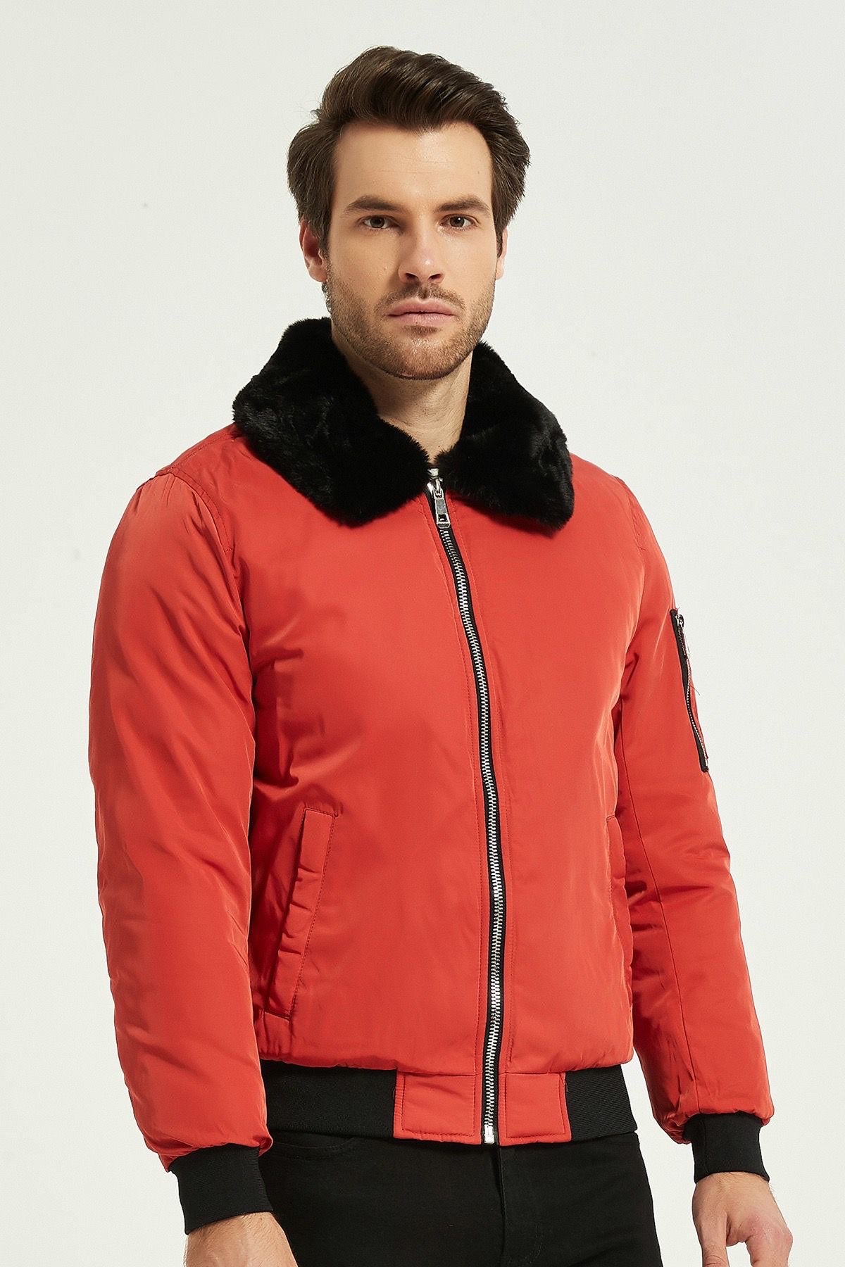 Heren Bomberjack met Faux Fur Kraag rood