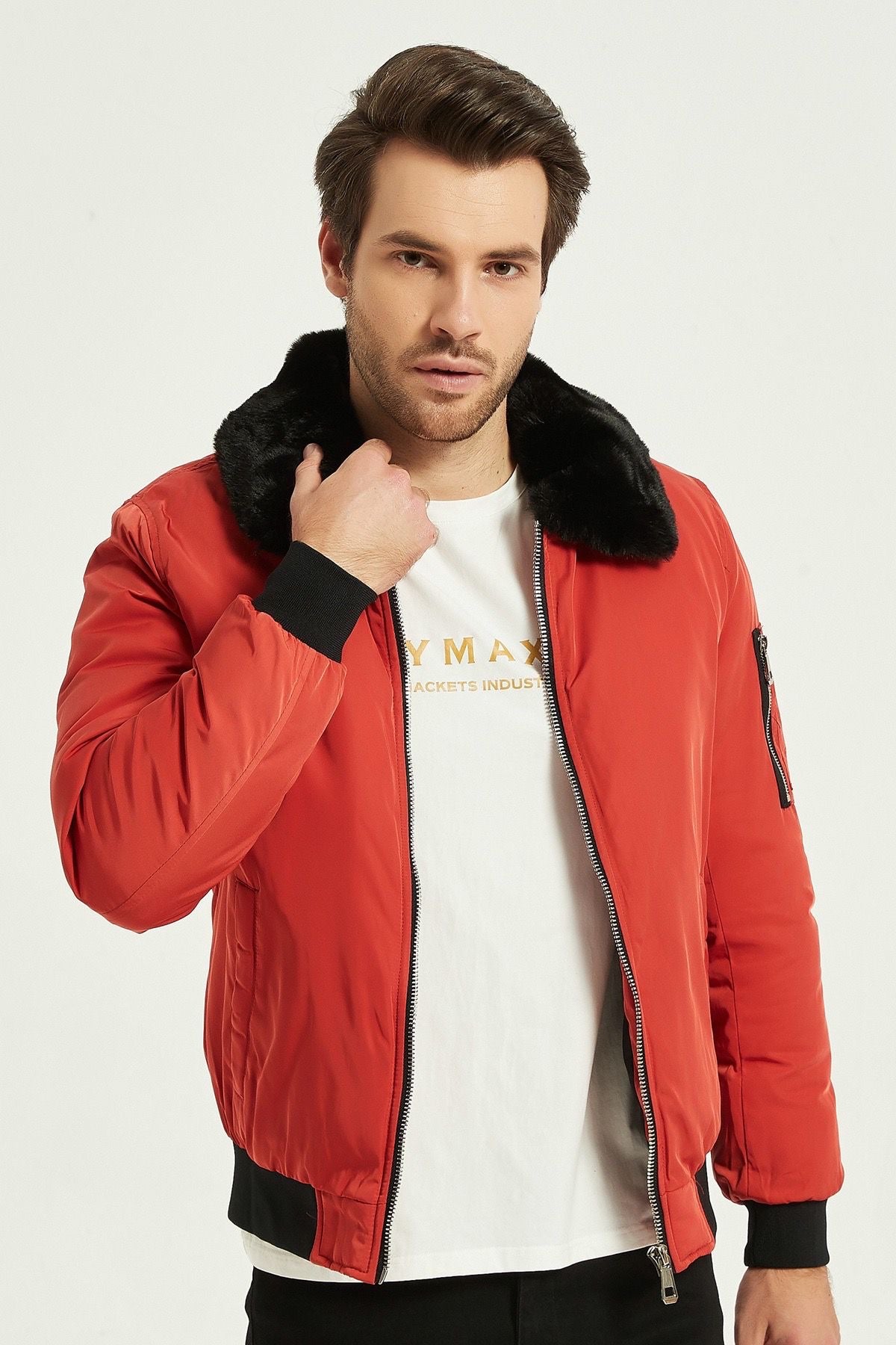 Heren Bomberjack met Faux Fur Kraag rood