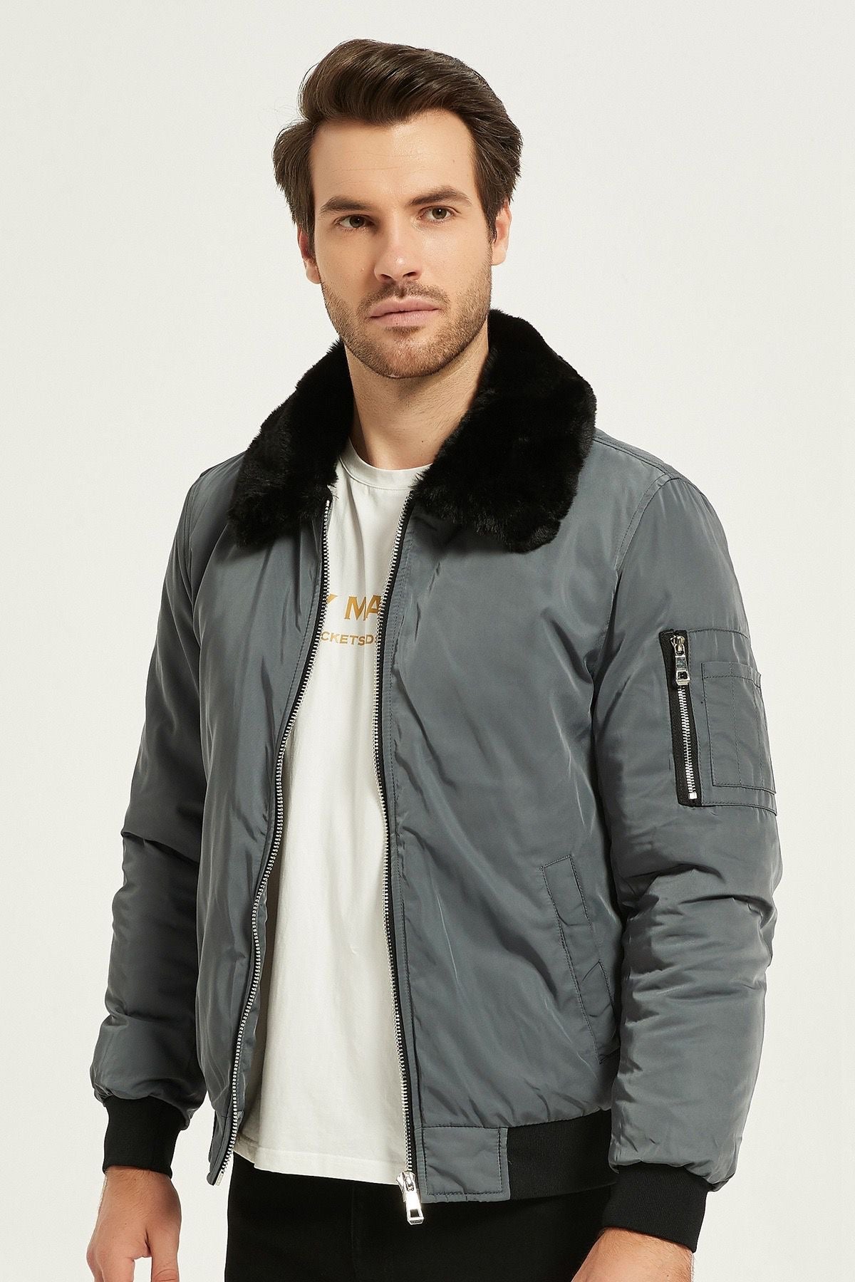Heren Bomberjack met Faux Fur Kraag grijs