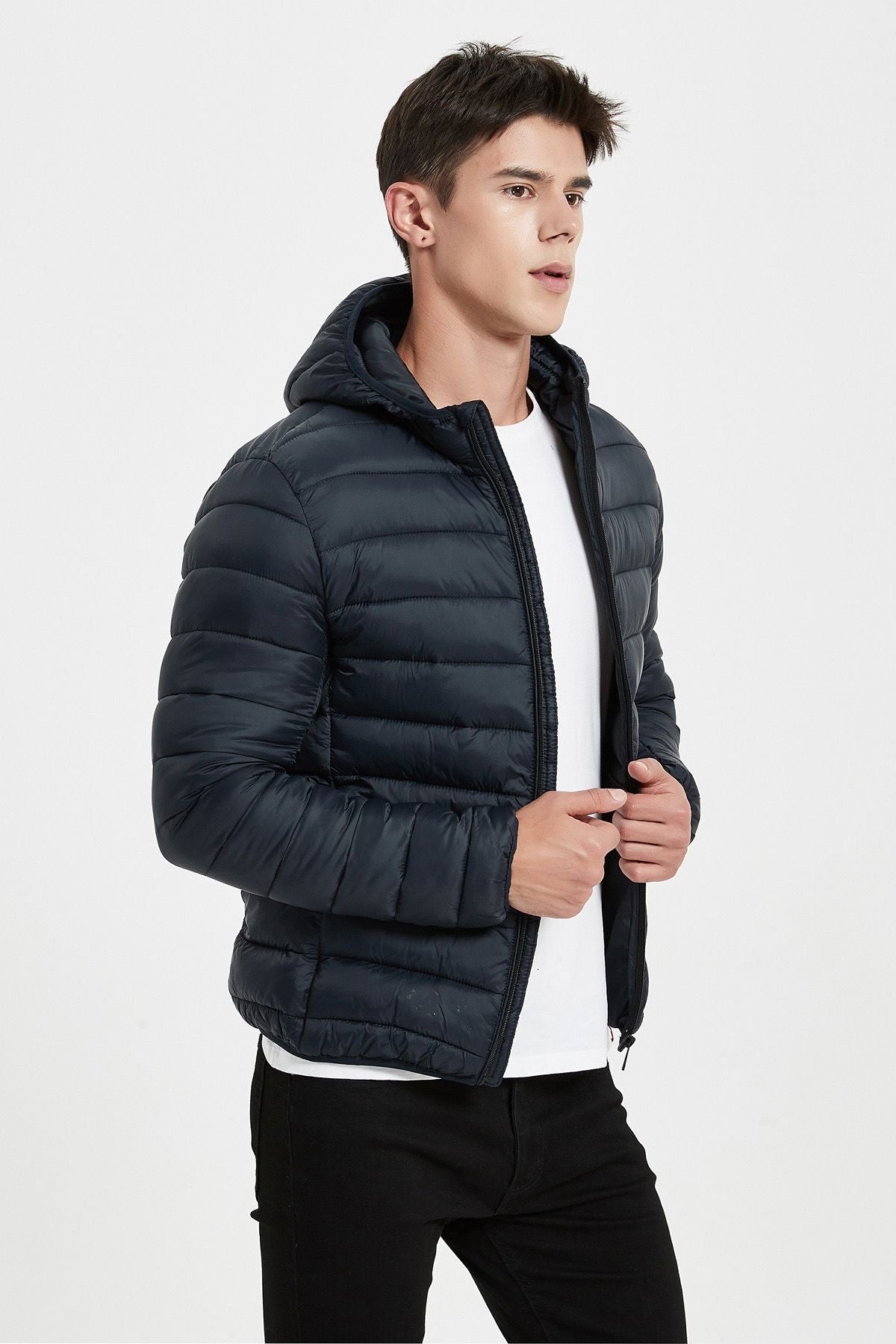 Heren Lichtgewicht Pufferjas met Capuchon diep donkerblauw