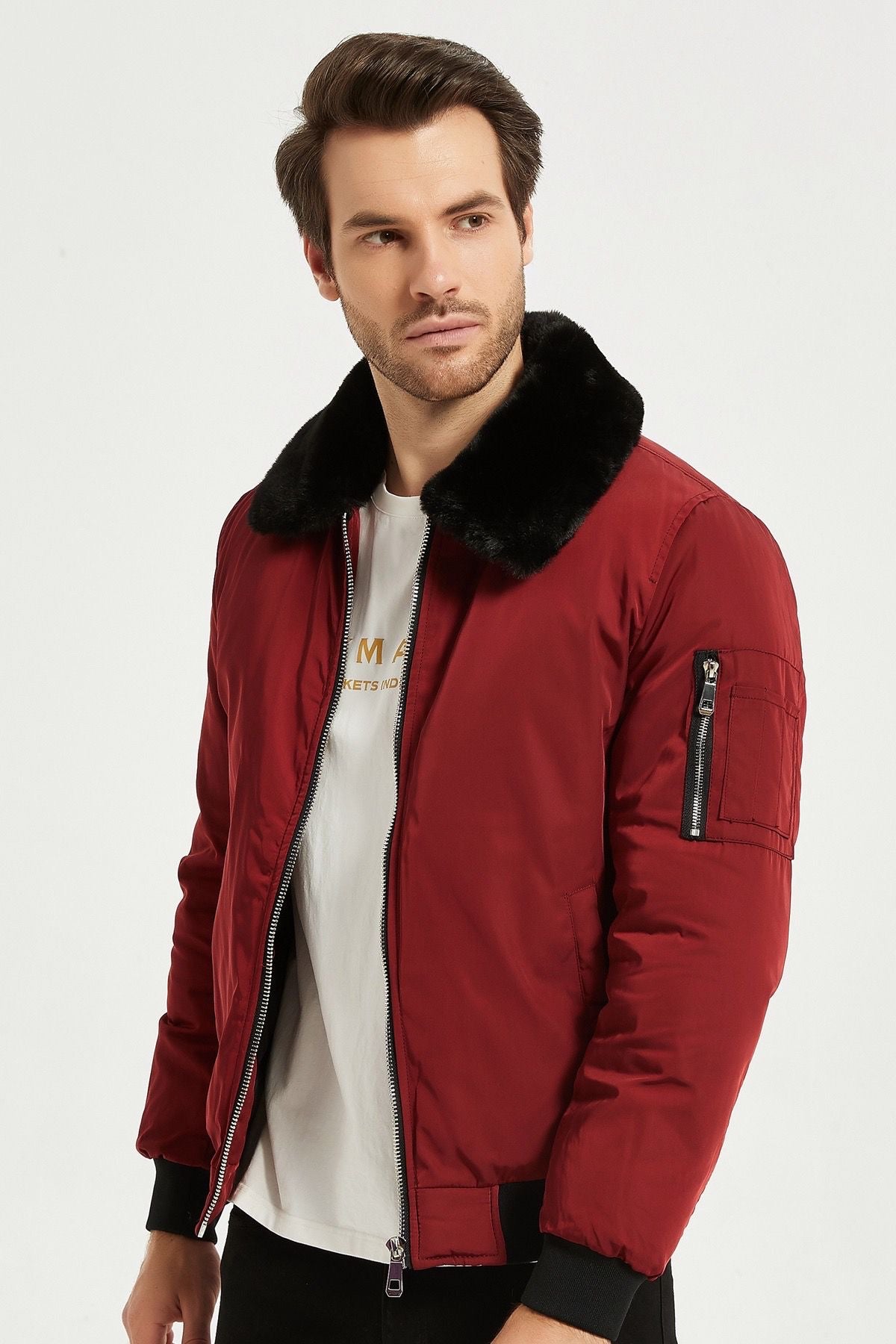 Heren Bomberjack met Faux Fur Kraag vuurrood