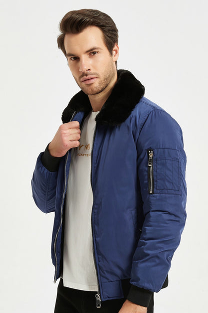 Heren Bomberjack met Faux Fur Kraag Blauw