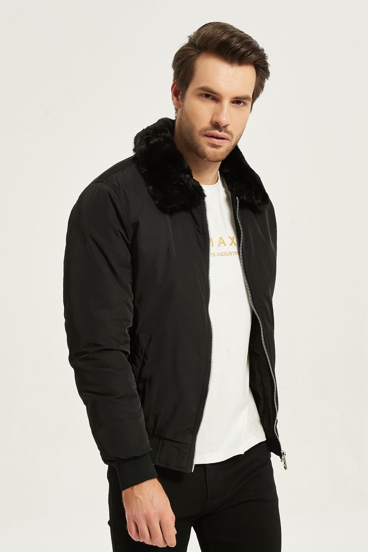 Heren Bomberjack met Faux Fur Kraag Zwart