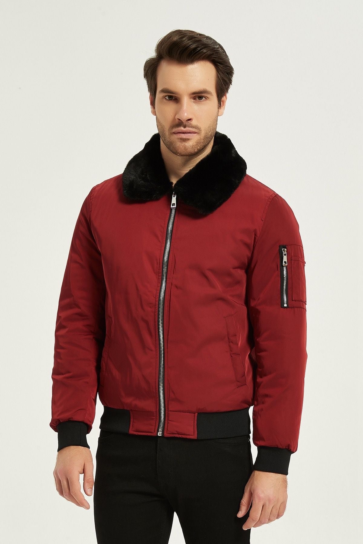 Heren Bomberjack met Faux Fur Kraag vuurrood