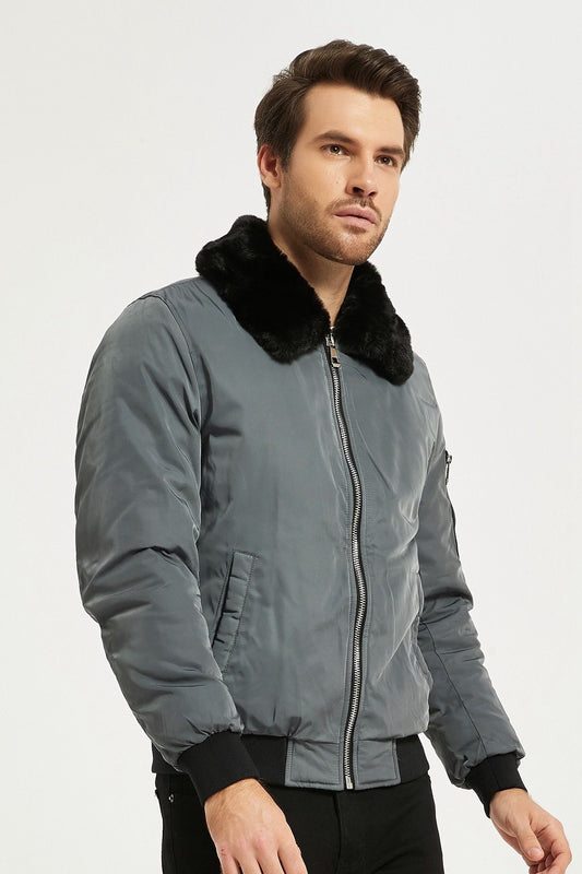 Heren Bomberjack met Faux Fur Kraag grijs
