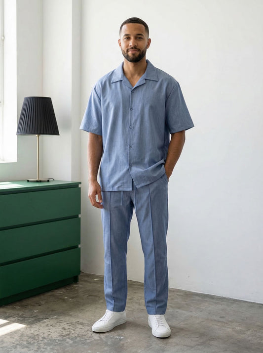 Tweedelige heren set met lange broek  blauw