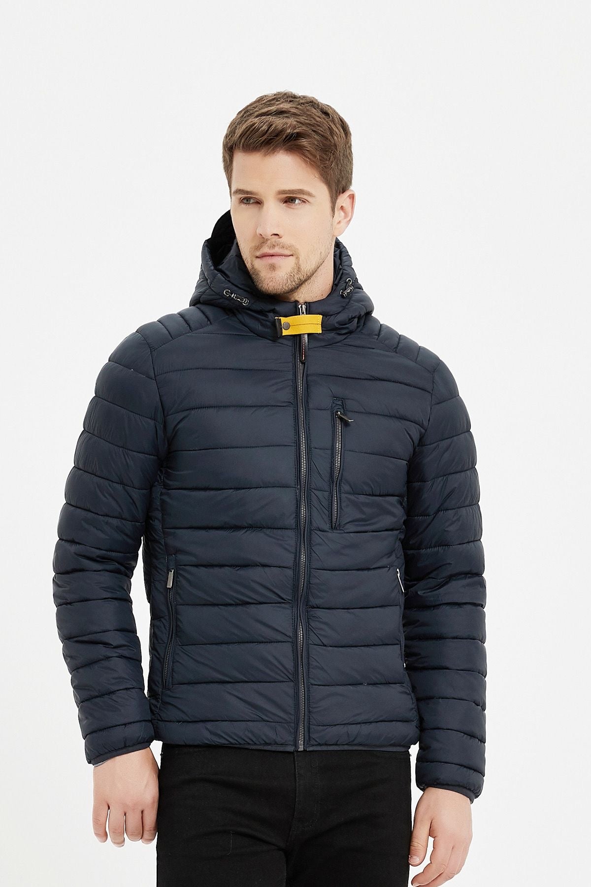 Heren Pufferjas met Capuchon en Gespsluiting donkerblauw