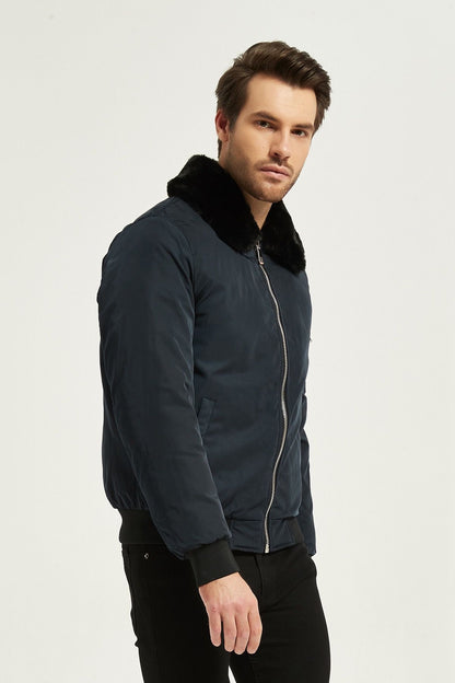 Heren Bomberjack met Faux Fur Kraag donkerblauw