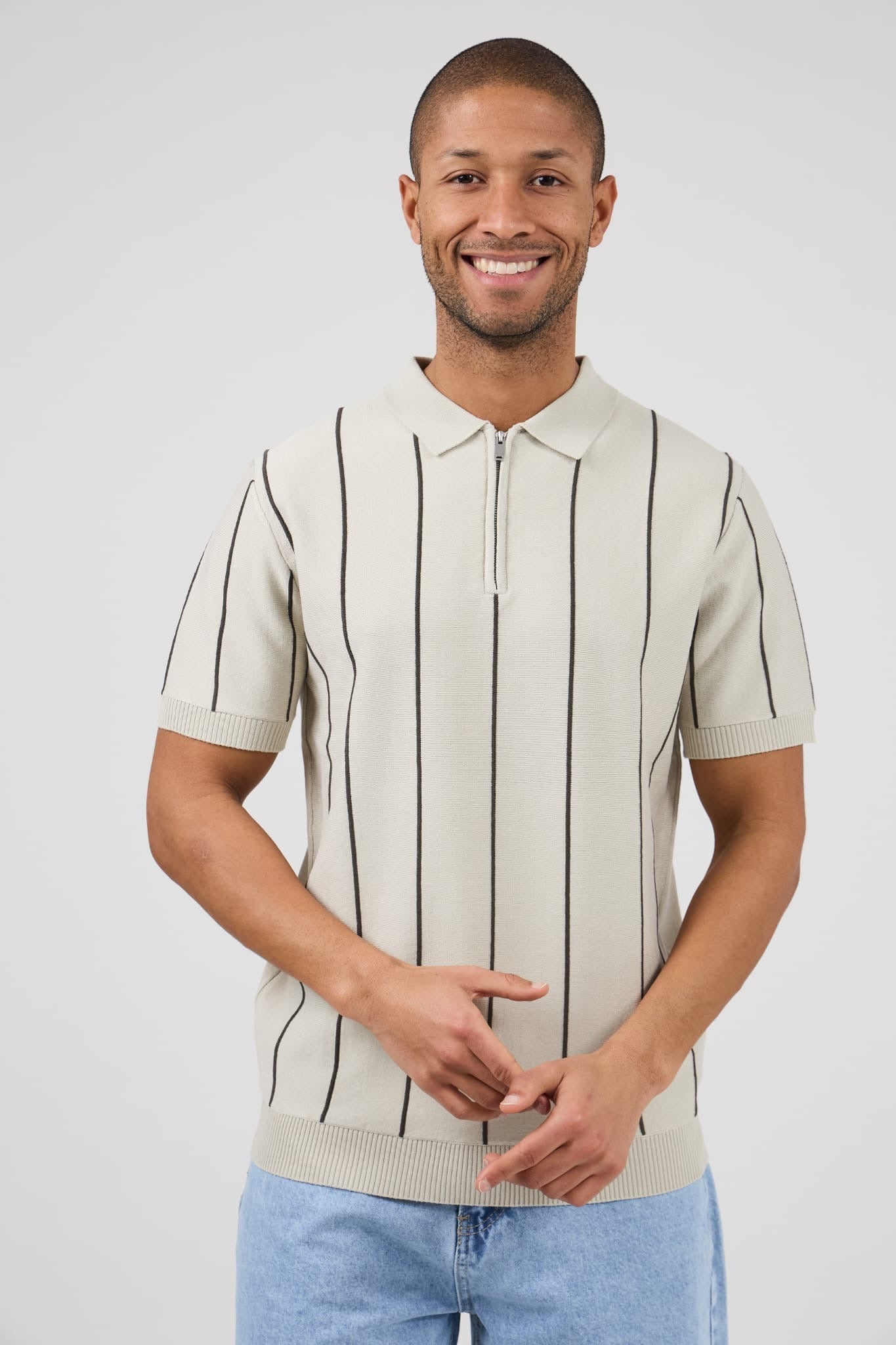 Gestreepte polo T-shirt (beige)