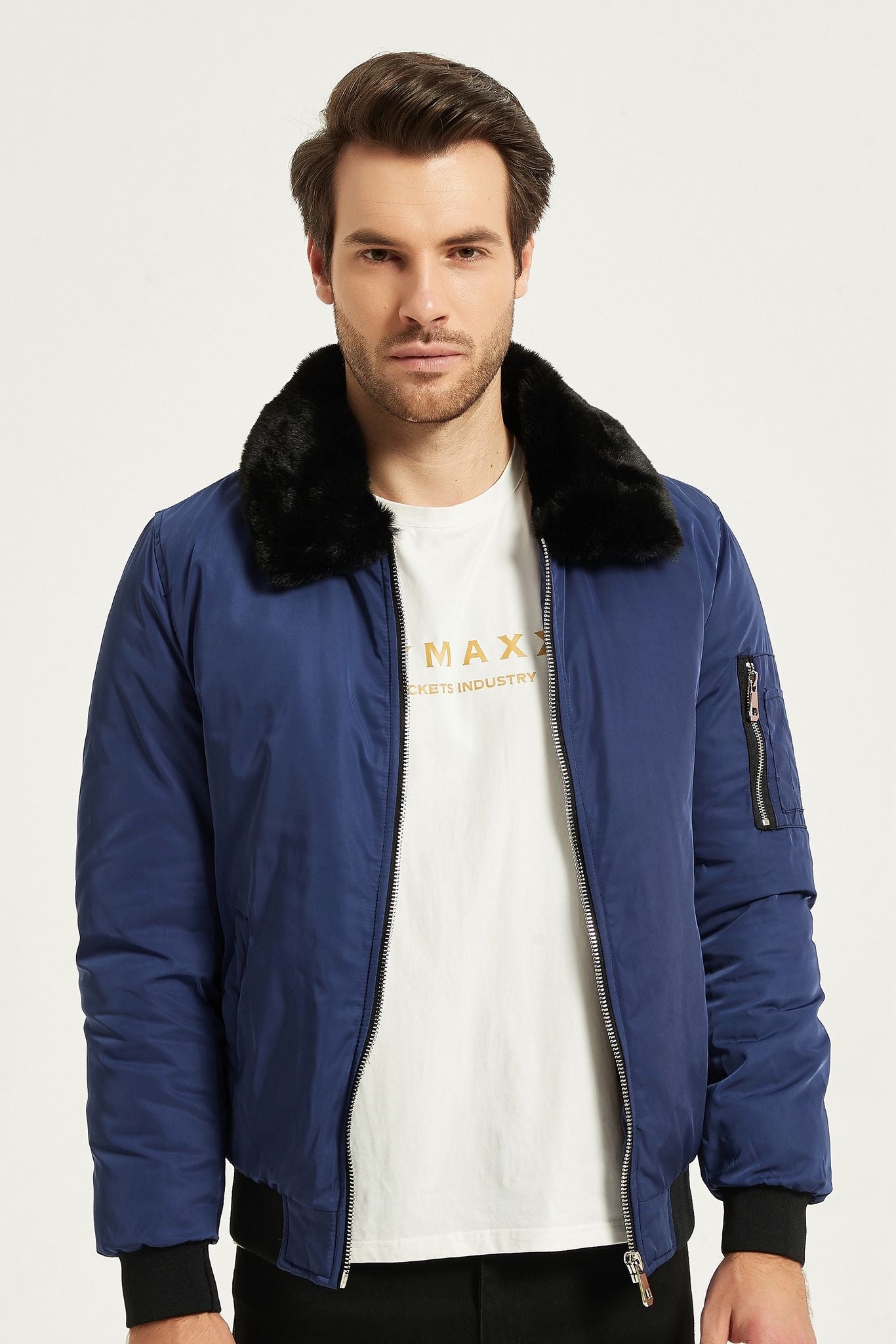 Heren Bomberjack met Faux Fur Kraag Blauw