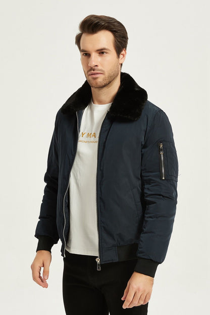 Heren Bomberjack met Faux Fur Kraag donkerblauw