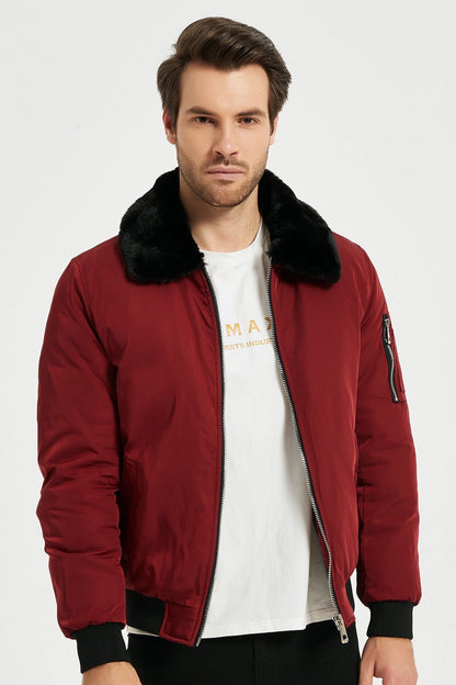 Heren Bomberjack met Faux Fur Kraag vuurrood