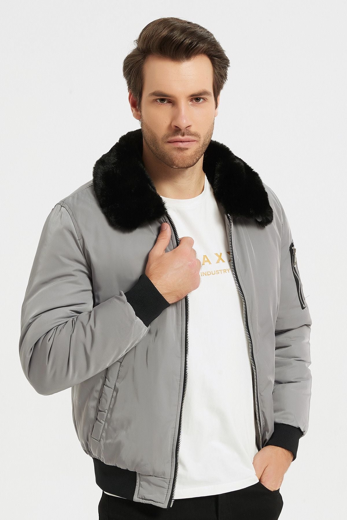 Heren Bomberjack met Faux Fur Kraag licht grijs