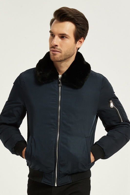 Heren Bomberjack met Faux Fur Kraag donkerblauw