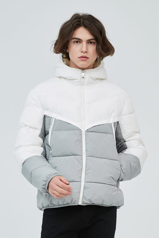 Heren Colorblock Pufferjas met Capuchon wit/grijs