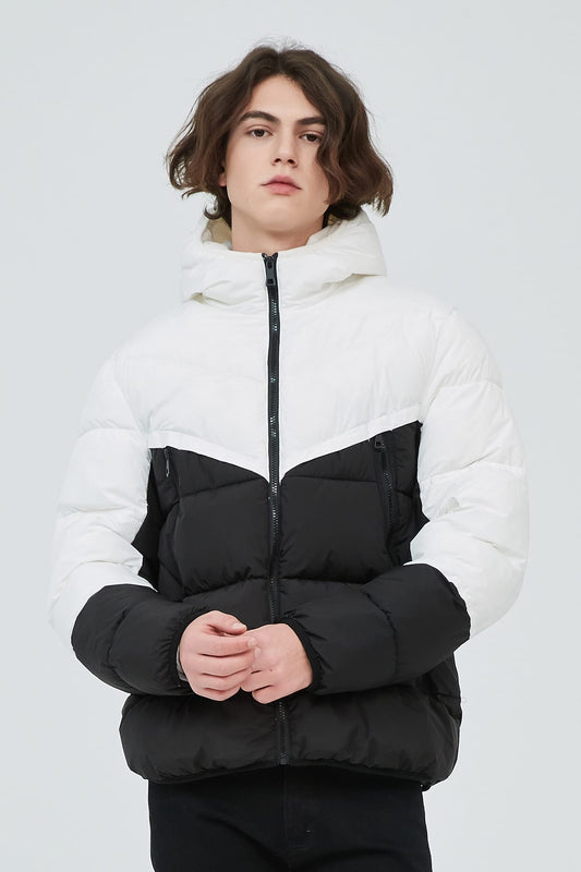 Heren Colorblock Pufferjas met Capuchon wit/zwart