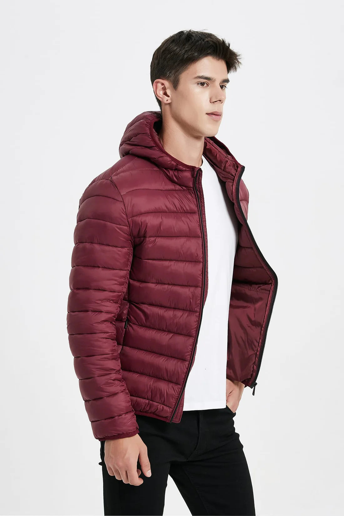 Heren Lichtgewicht Pufferjas met Capuchon bordeaux