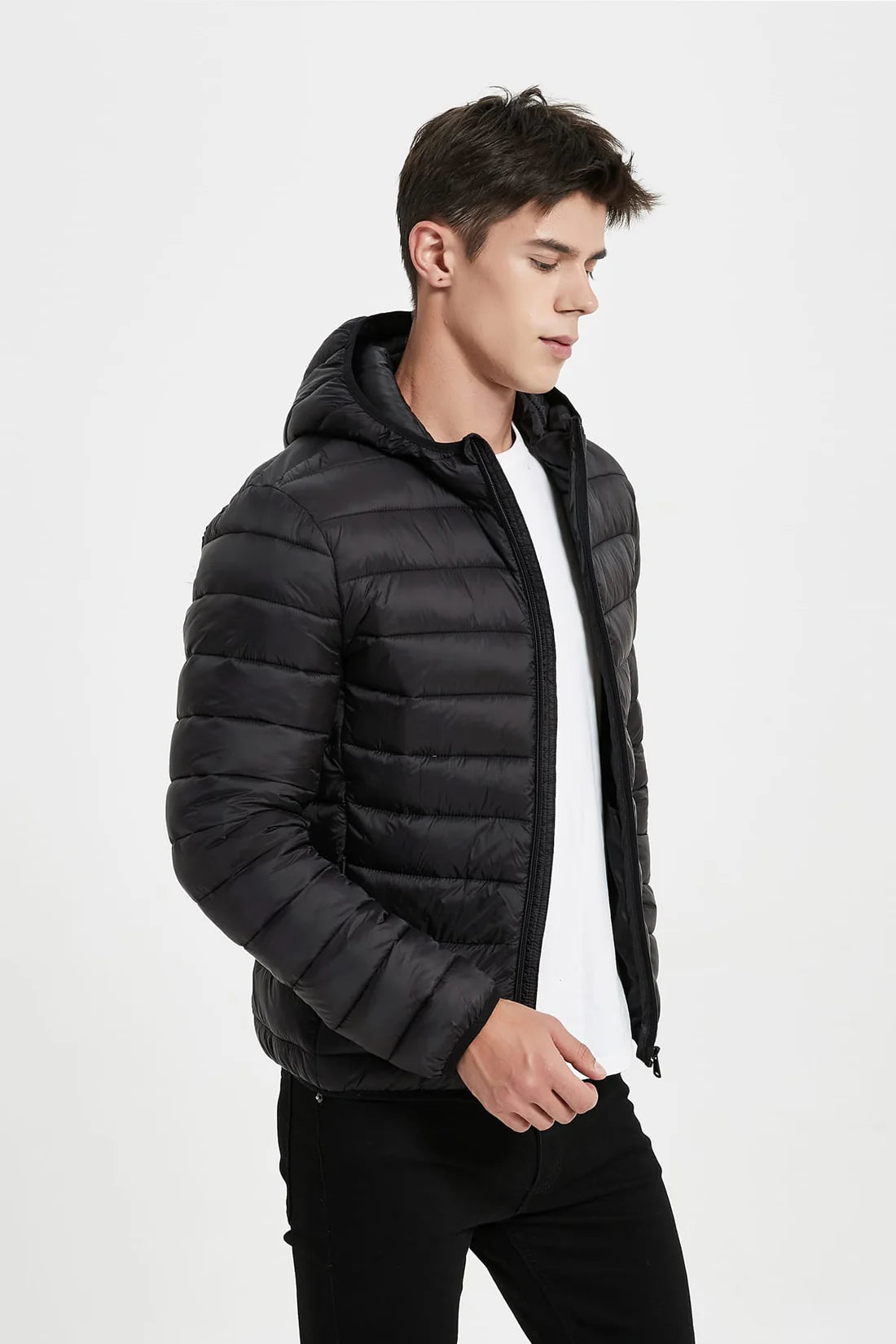 Heren Lichtgewicht Pufferjas met Capuchon zwart