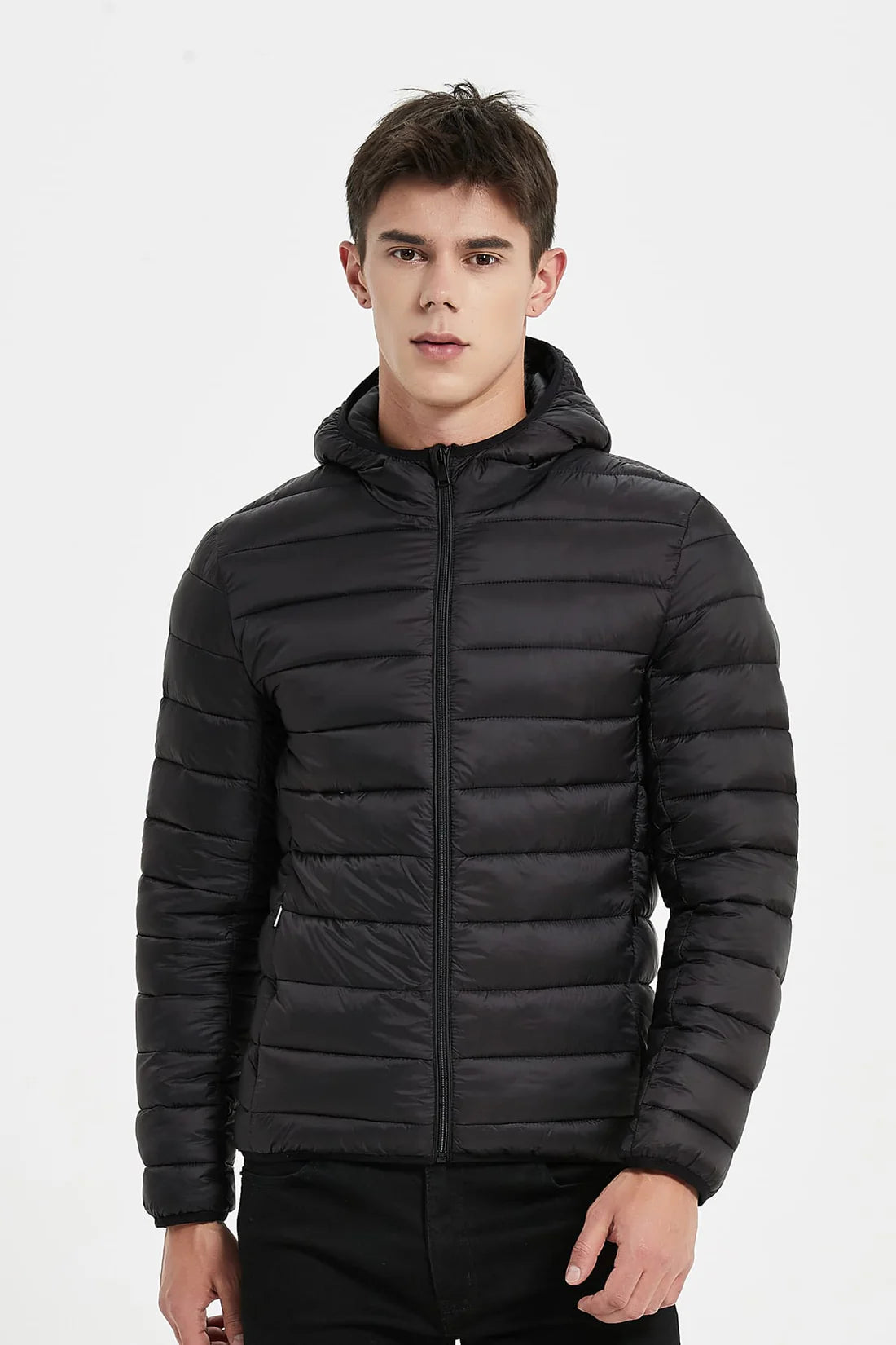 Heren Lichtgewicht Pufferjas met Capuchon zwart
