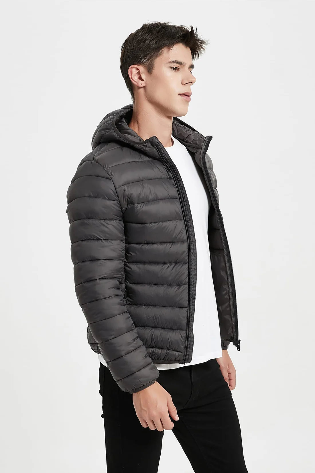 Heren Lichtgewicht Pufferjas met Capuchon antraciet grijs