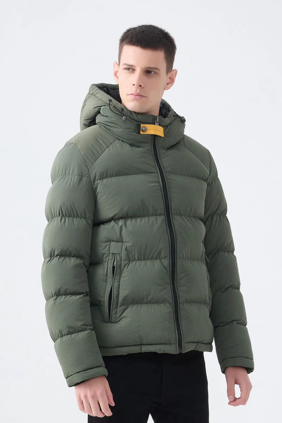 Heren Pufferjas met Hoge Kraag en Capuchon legergroen