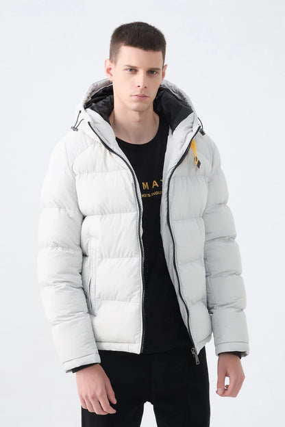 Heren Pufferjas met Hoge Kraag en Capuchon wit
