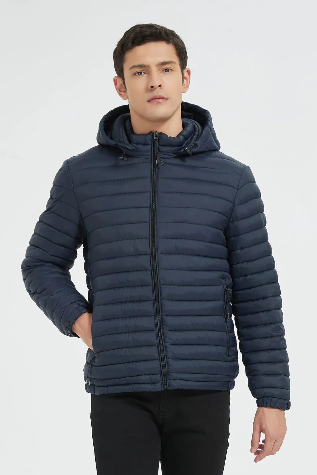 Heren Lichtgewicht Pufferjas met Capuchon donkerblauw