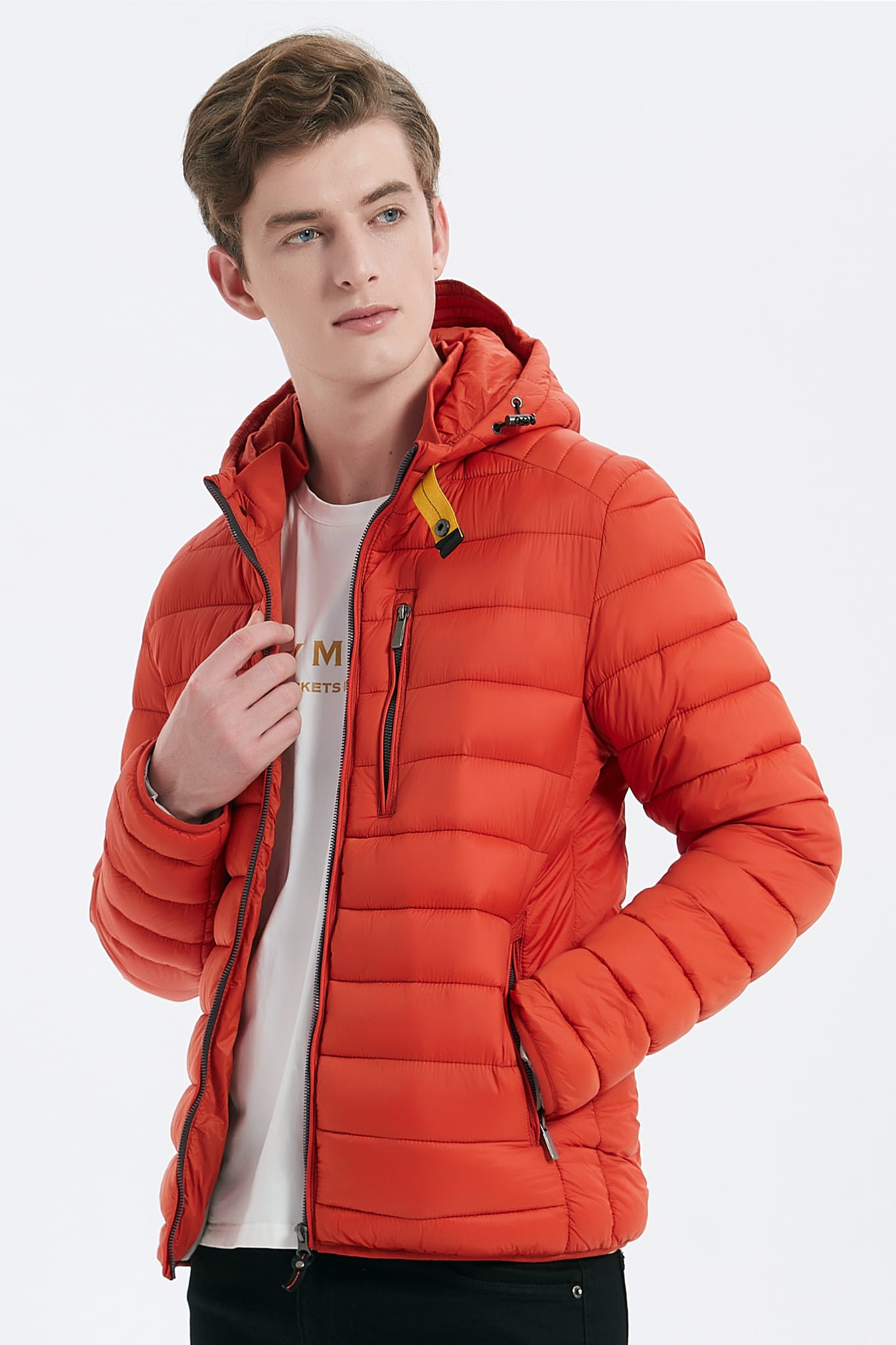 Heren Pufferjas met Capuchon en Gespsluiting orange/rood