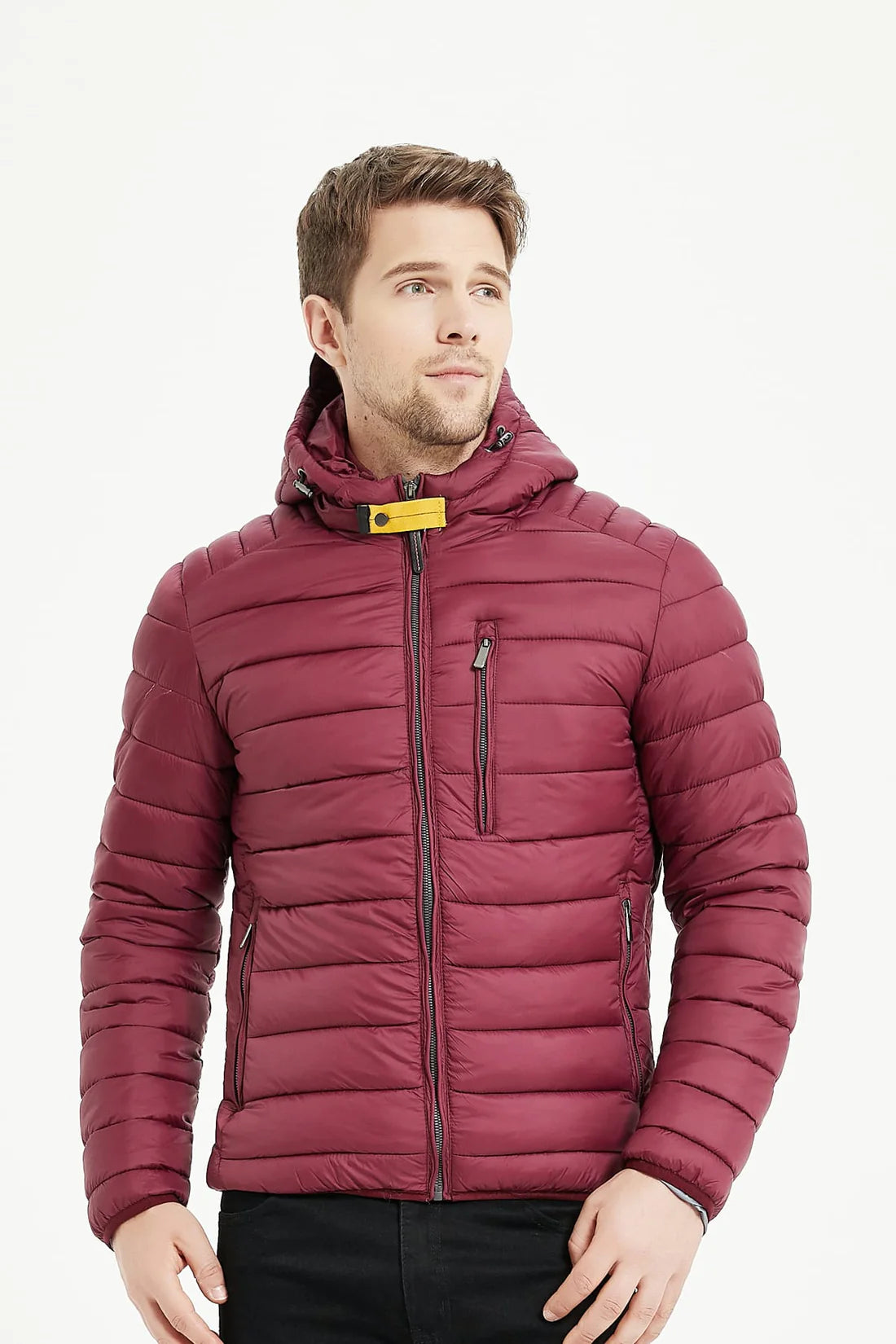 Heren Pufferjas met Capuchon en Gespsluiting bordeaux