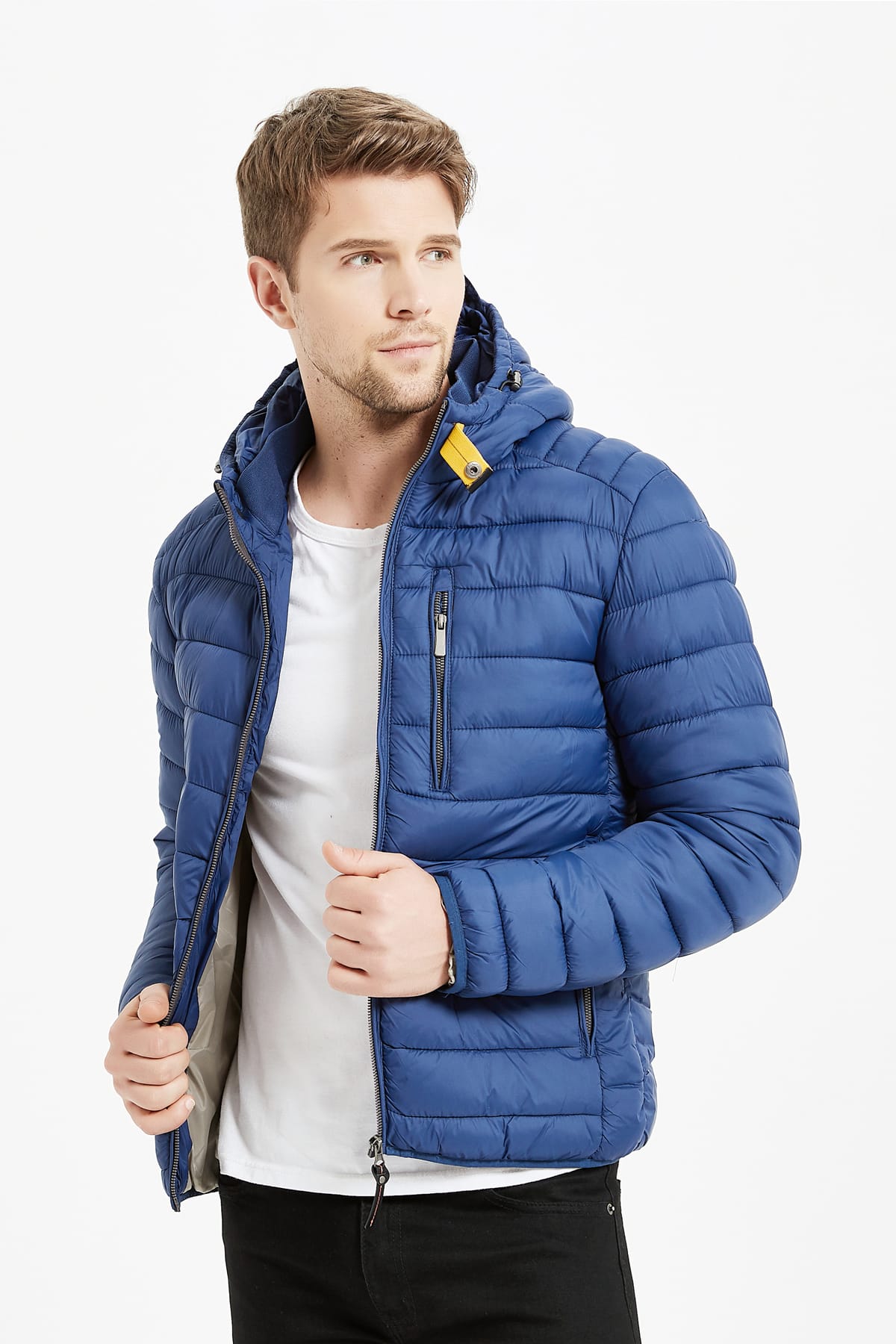 Heren Pufferjas met Capuchon en Gespsluiting blauw