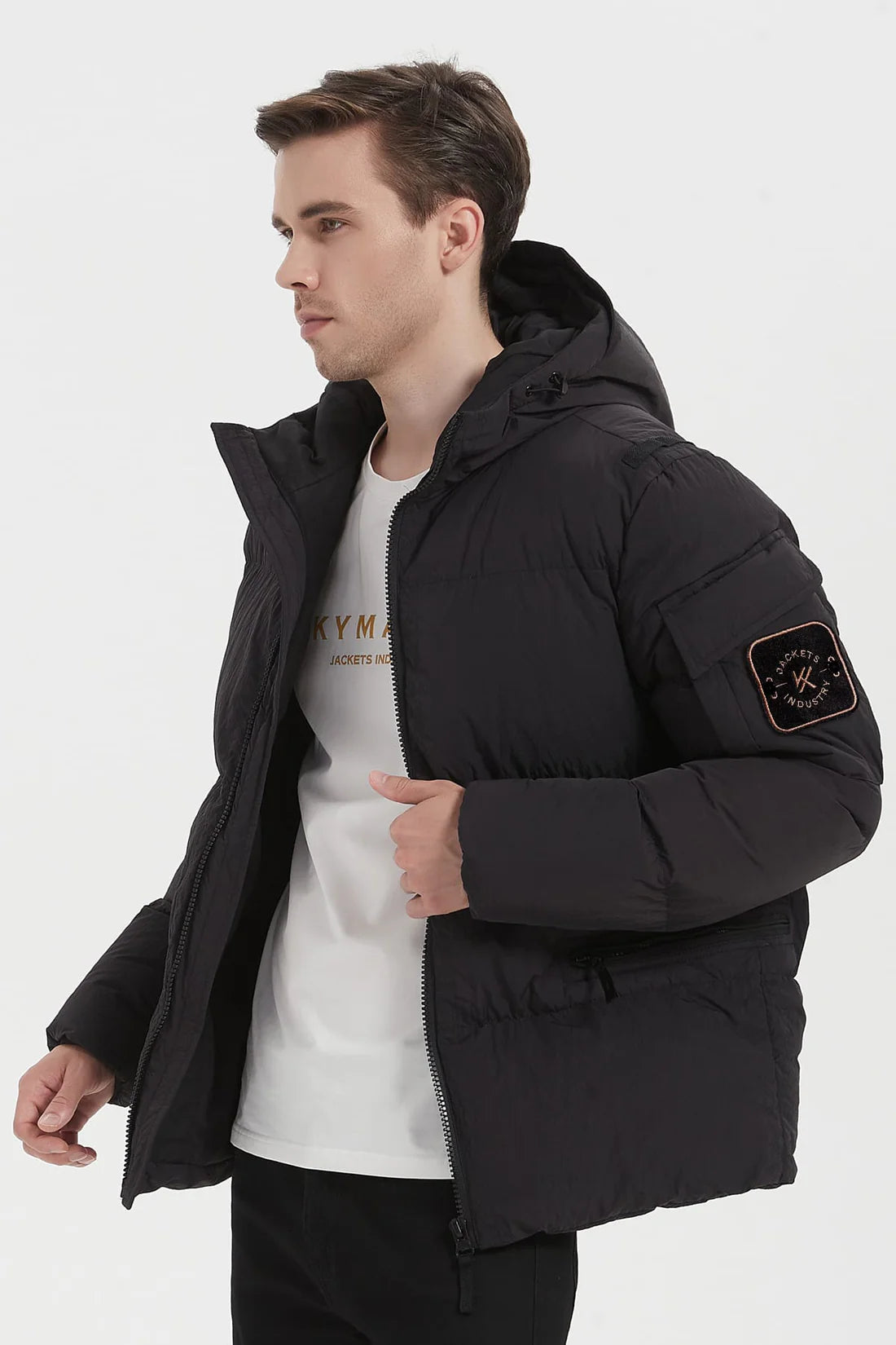 Heren Pufferjas met Capuchon en Arm Patch zwart