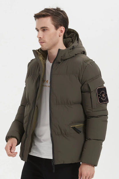 Heren Pufferjas met Capuchon en Arm Patch legergroen