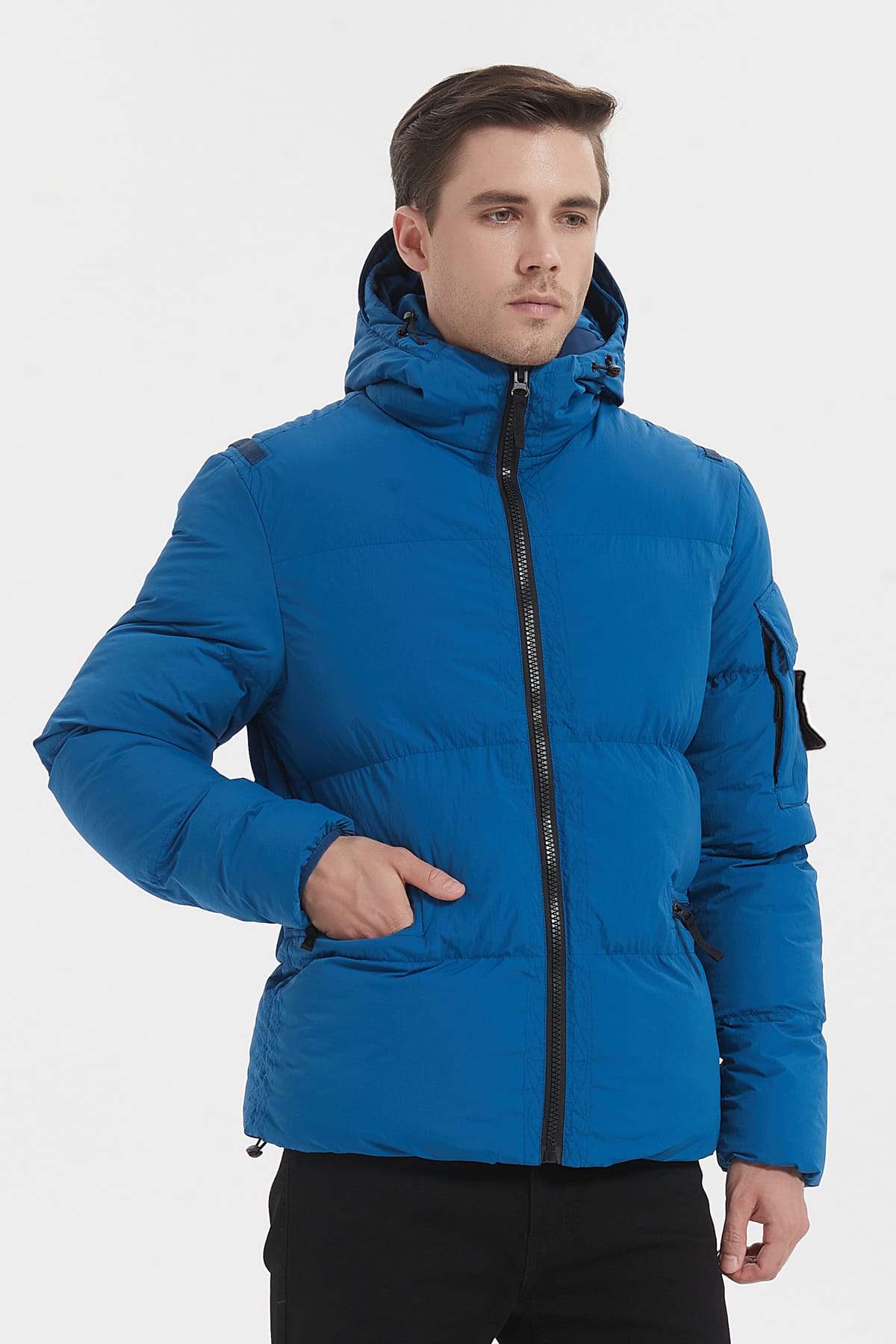 Heren Pufferjas met Capuchon en Arm Patch blauw