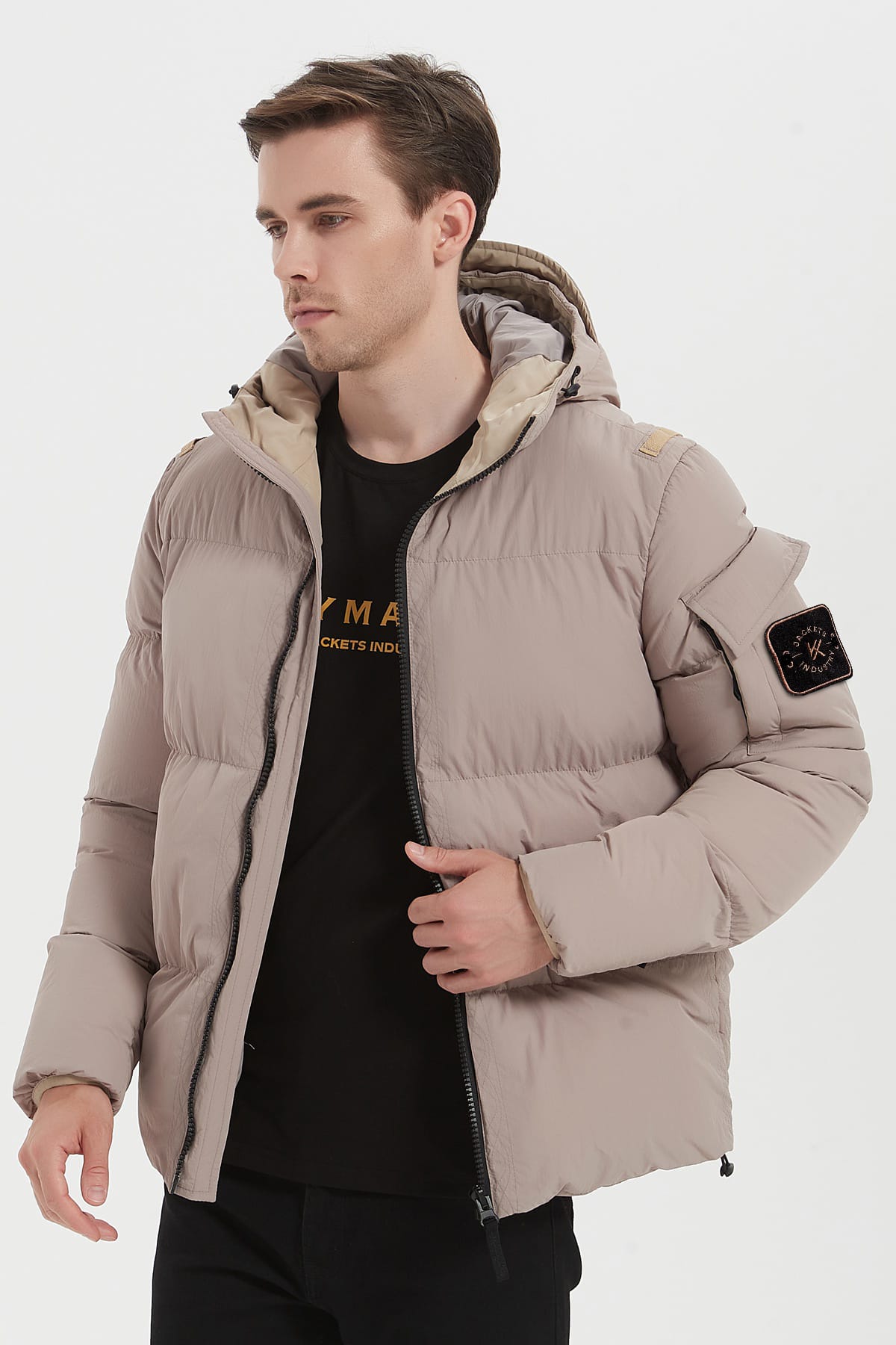 Heren Pufferjas met Capuchon en Arm Patch beige