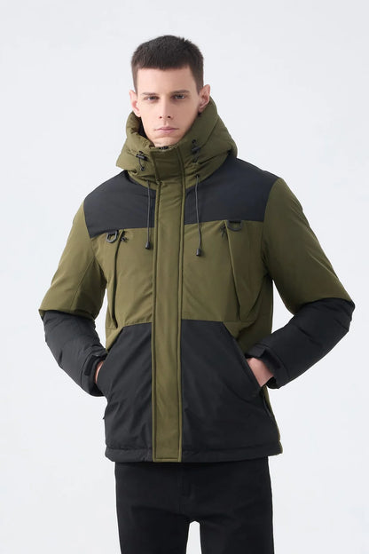 Heren Pufferjas met Capuchon en Colorblock Design army