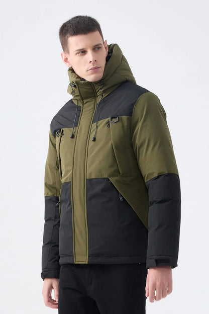 Heren Pufferjas met Capuchon en Colorblock Design army