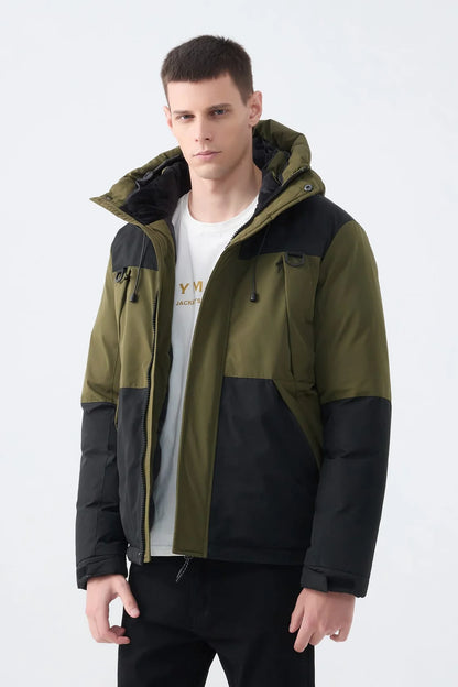 Heren Pufferjas met Capuchon en Colorblock Design army