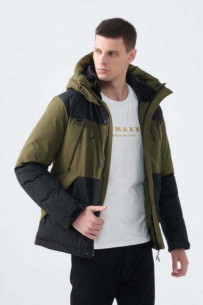 Heren Pufferjas met Capuchon en Colorblock Design