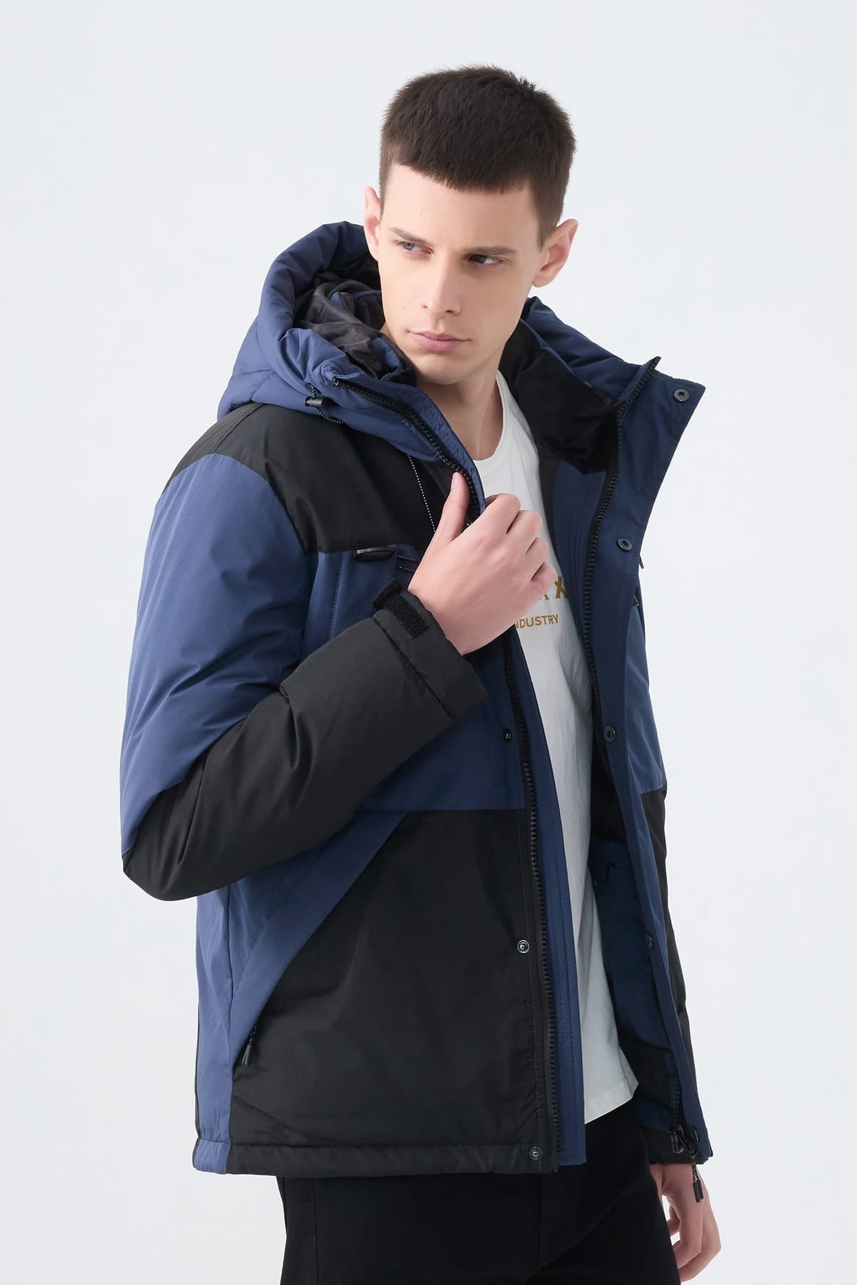 Heren Pufferjas met Capuchon en Colorblock Design