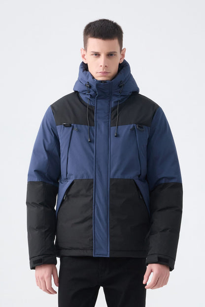 Heren Pufferjas met Capuchon en Colorblock Design