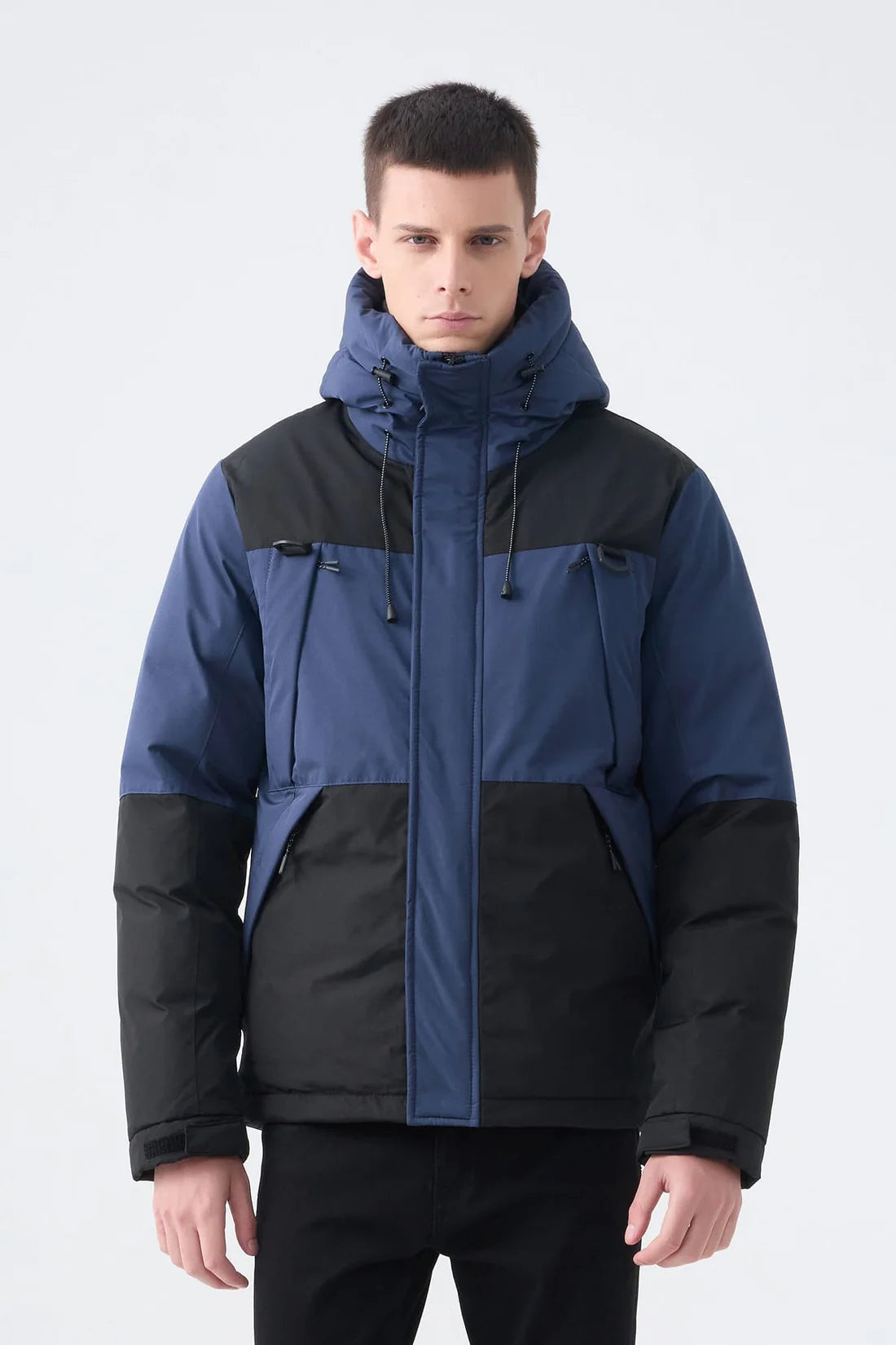 Heren Pufferjas met Capuchon en Colorblock Design blue