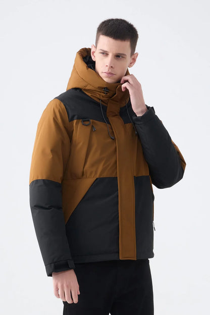 Heren Pufferjas met Capuchon en Colorblock Design choco