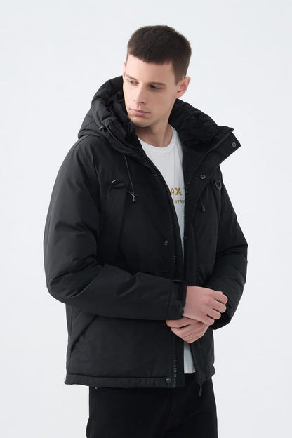 Heren Pufferjas met Capuchon en Colorblock Design zwart